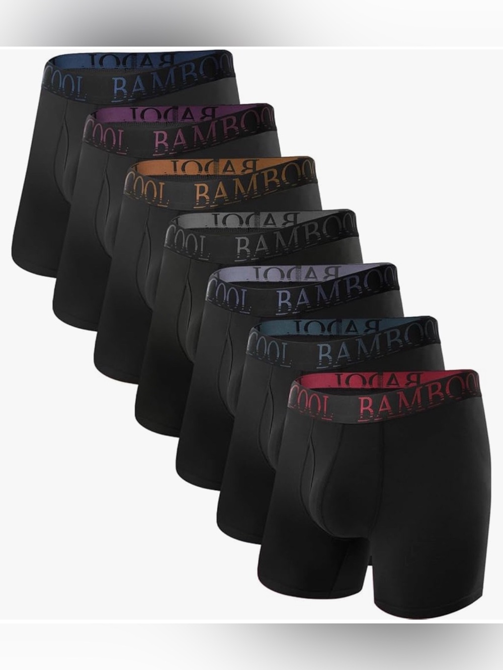 NEW- Bamboo Cool Men's Black Boxer Briefs with Colored Waistbands - 7 Pack
